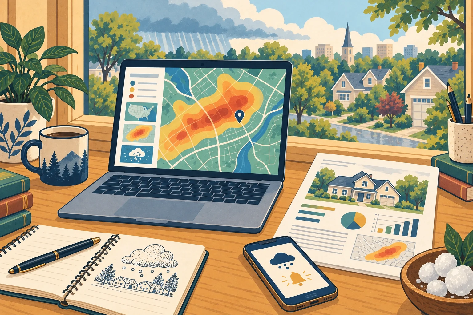 Warm drawing of a hail map on a laptop, a property report, an alert on a phone and a notebook overlooking a neighborhood
